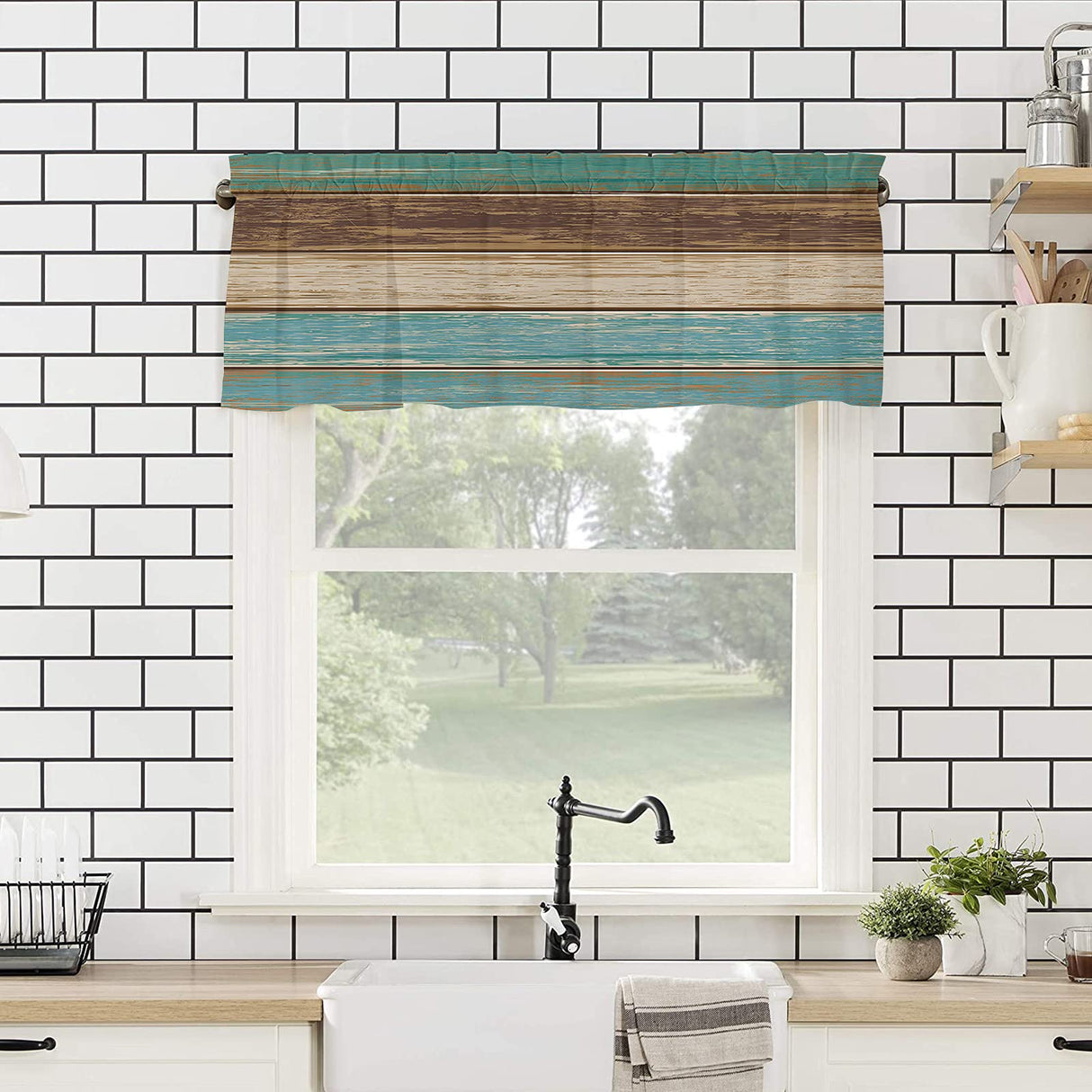 Rustic Farmhouse Valances Curtains for Kitchen Windows, Retro Wood Rod Pocket Curtain Toppers Teal Green Brown Country Short Curtains Treatments for Bedroom/Living Room/Bathroom,54" X 18"-1 Panel Vandarllin