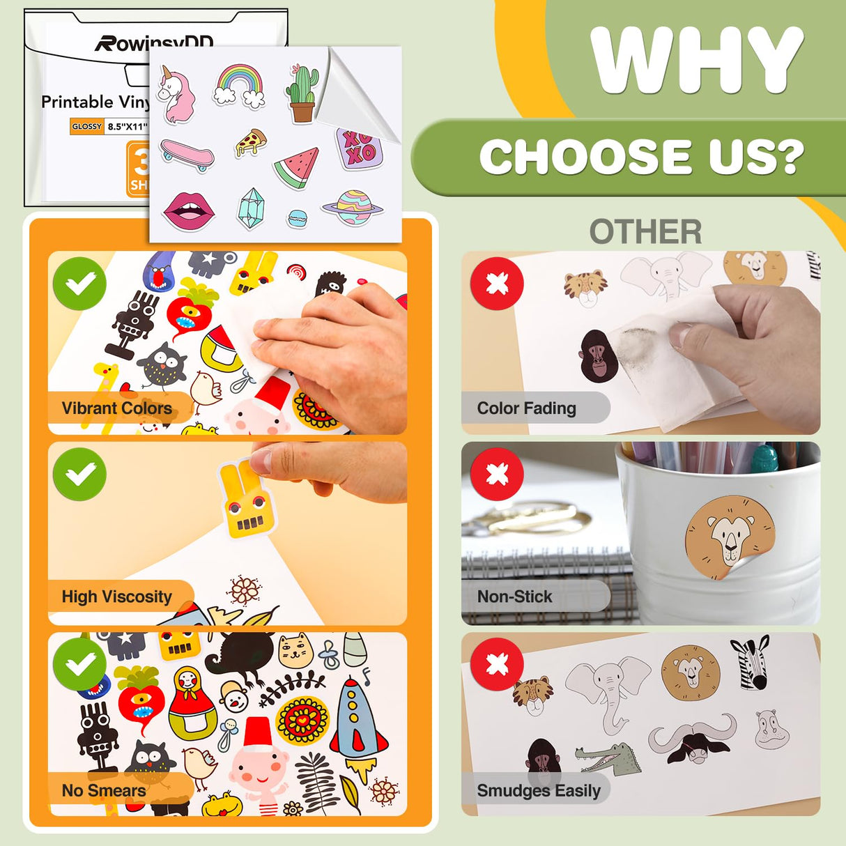 30 PCS Sticker Paper for Inkjet Printer,Printable Vinyl Sticker Paper Dries Quickly Vivid Colors,8.5"x11" Tear Resistant Printable Vinyl,Glossy White,Inkjet & Laser Printer RowinsyDD