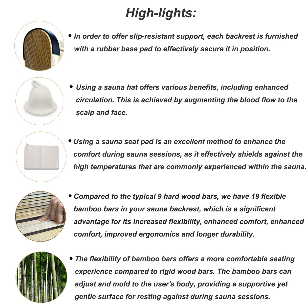 BESTNEWIE Flexible 19 Bars Bamboo Sauna Backrest, Cooler Than Wood, Complete with a Sauna Hat and a Seat Pad, Slip-Resistant Rubber Pad. Sauna Accessory Set (2 Pack) BESTNEWIE