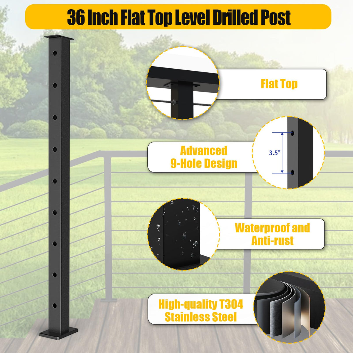 HEIDIBEAR Cable Railing Post, Flat Top Level Drilled Post Black Stainless Steel Deck Post 36’’x2’’x2’’-9Holes with Protector Sleeve Cable Railing System Wood Concrete Level Deck, PF01-L HEIDIBEAR