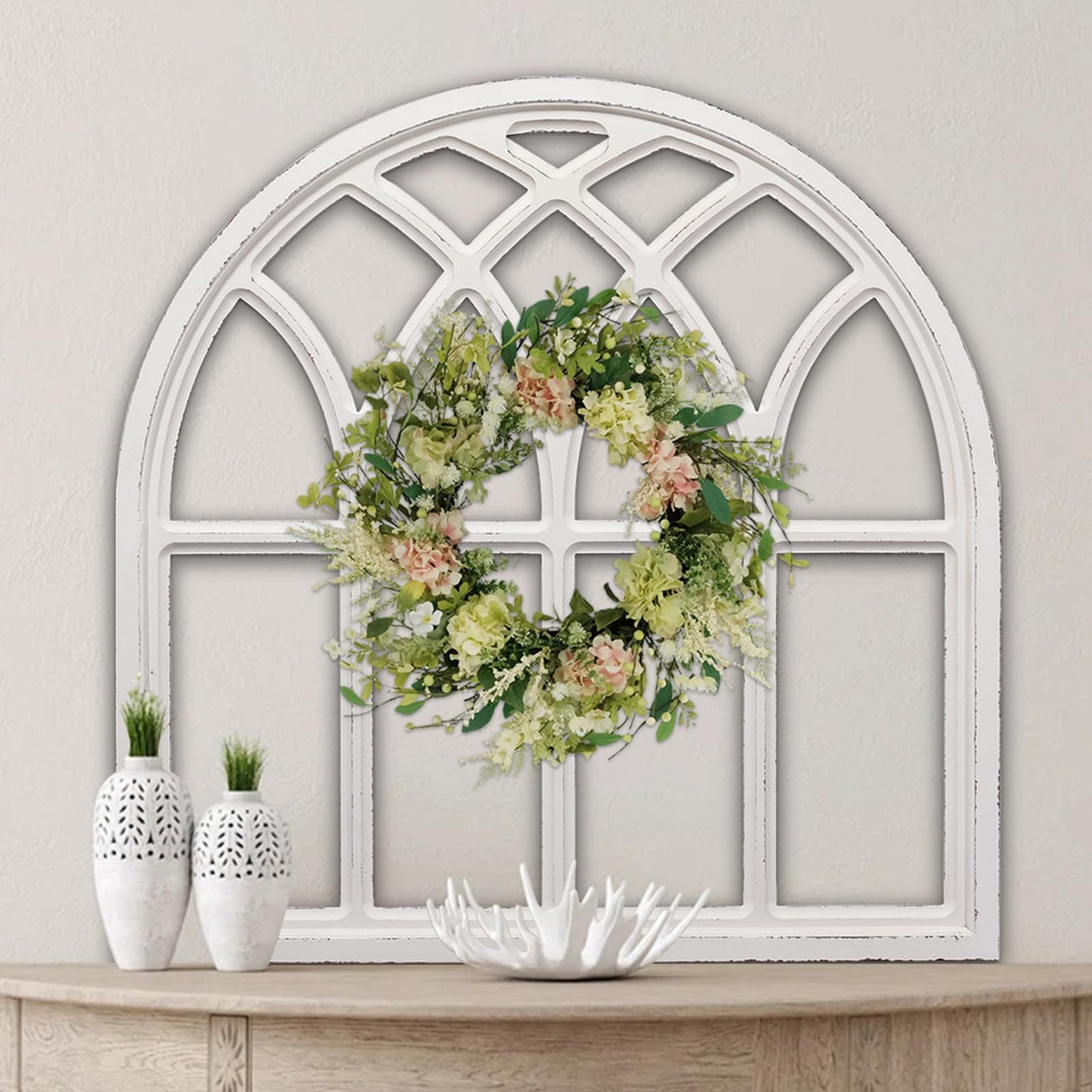 Sintosin Farmhouse White Arched Window Frame Decor 32 Inch, Hanging Distressed Wooden Rustic Window Frames for Wall Decor, Window Pane Wall Decor for Living Room Christmas Halloween Sintosin