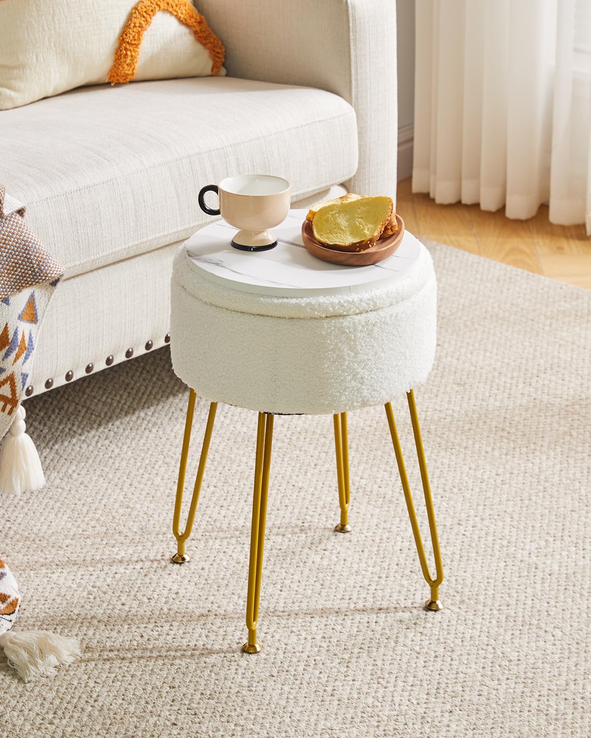 IBUYKE Teddy Velvet Storage Footrest Stool Ottoman, Makeup Vanity Stool Side Table with Removable Cover, Golden Steel Legs, Coffee Table Top Cover, White WBD010W IBUYKE