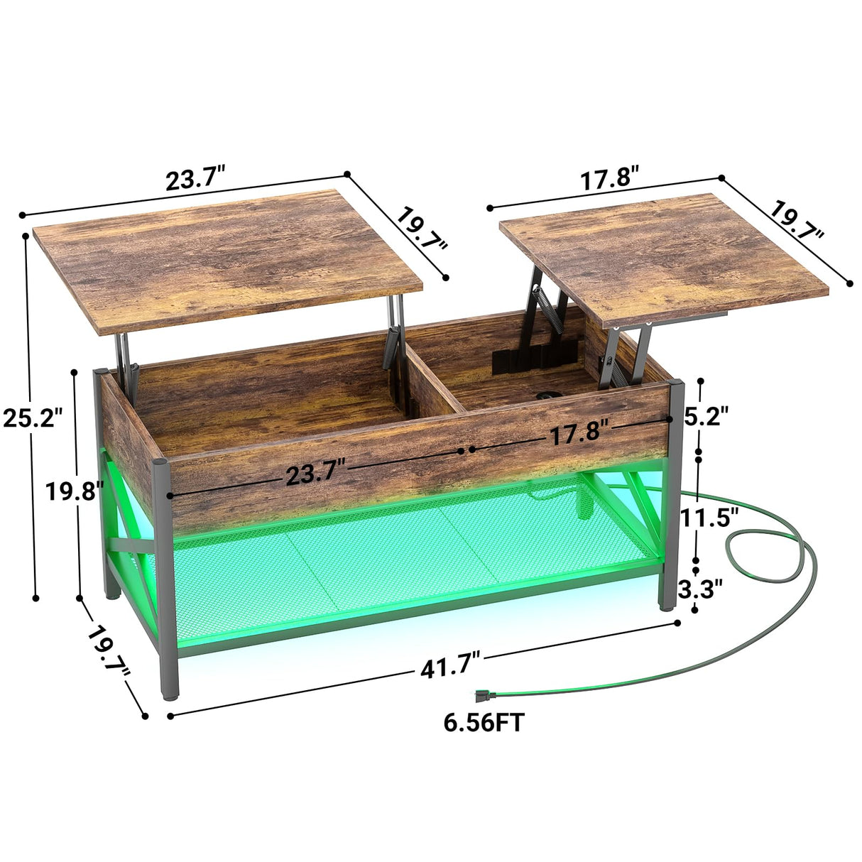 Aheaplus Coffee Table, Lift Top Coffee Table with LED Light and Power Outlet, Modern Lift-Top Center Table with Storage Shelf, for Living Room with Lift Tabletop, X Support Metal Frame, Rustic Brown Aheaplus