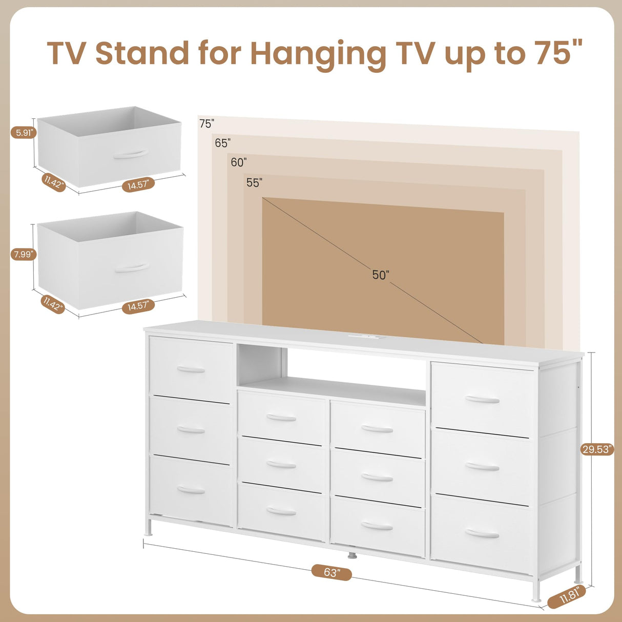 Patikuin 63" Dresser TV Stand for 65 70 75 Inch TV, Fabric Chest of Drawers with Charging Station, LED Lights, Open Shelves & 12 Drawer Dresser, Modern Entertainment Center, White Patikuin