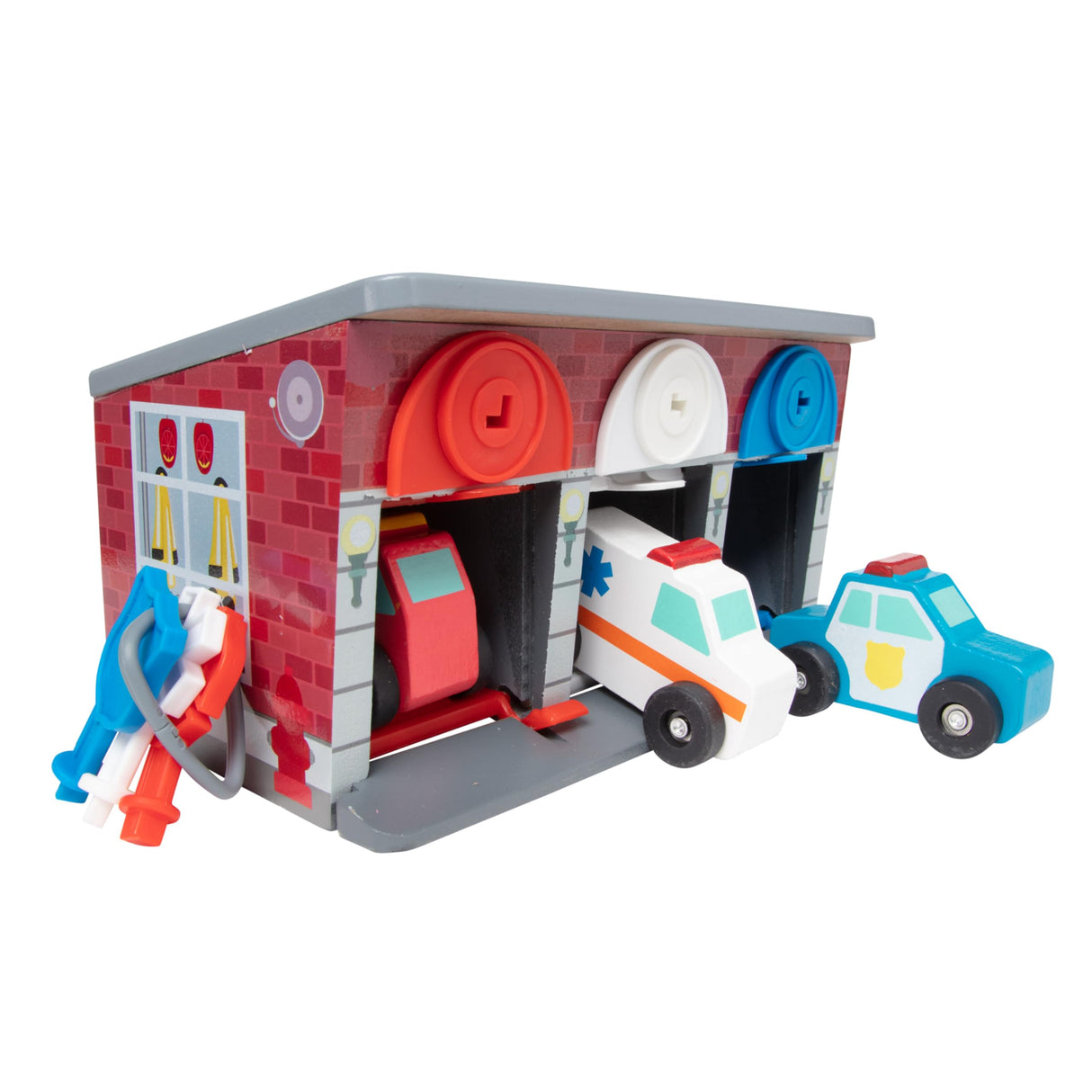 Melissa & Doug Toy Keys and Cars Wooden Rescue Vehicles and Garage (7 pcs) Red, for 36 months to 72 months Melissa & Doug
