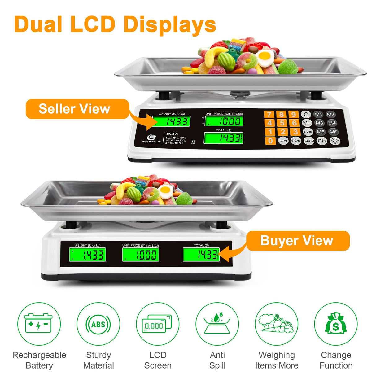 Price Computing Scale 88lb/40kg Commercial Food Scale for Produce Meat with Stainless Steel Large Platform, LCD Display, and Green Bright Backlight for Farmers Markets, Deli, (Not for Trade) BROMECH