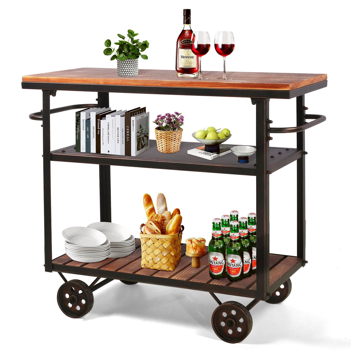 BOKKOLIK Farmhouse Mobile Cart with Wheels for Home Kitchen Industrial Rolling Food Cart Outdoor Vintage Wood and Metal Design Utility Cart in Office Coffee House 3 Tier with 2 Side Handle BOKKOLIK