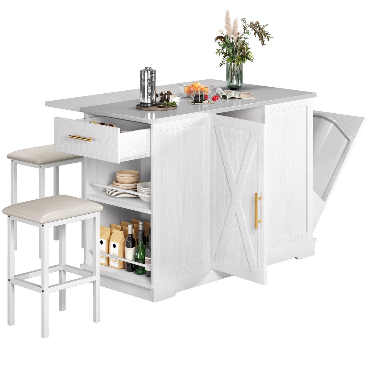 YITAHOME Kitchen Islands with Seating, 47" Mobile Storage Island with Drop Leaf, Rolling Island Table with Tilt Out Trash Can Cabinet, Home Bar Table Include 2 Chairs, Side Spice Rack & Drawer, White YITAHOME
