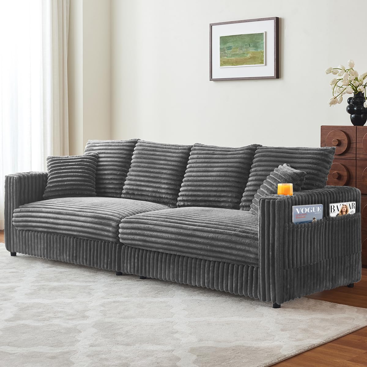 Kalafini 104'' Cloud Couch Loveseat, Oversized 4 Deep Seats Modular Sectional Sofa with Cup Holders & Storage, Plush Corduroy Upholstered Memory Foam Couches for Living Room, Apartment, Office (Grey) Kalafini