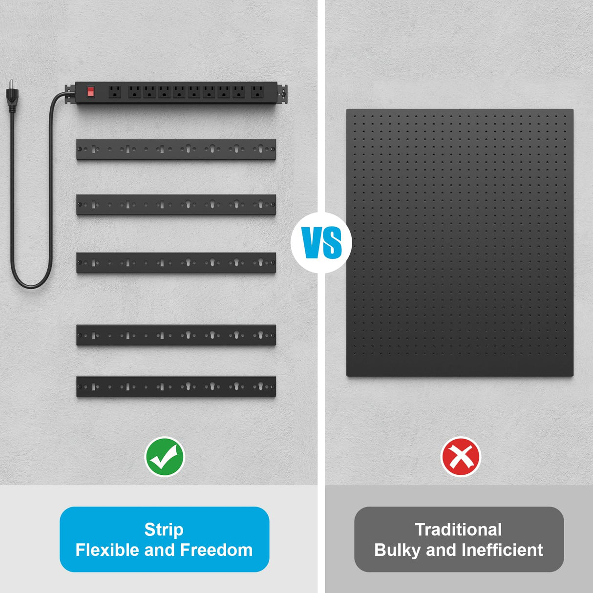 CCCEI 5PCS Individual Pegboard Strip with Power Outlet. Garage All Metal Wall Mount Mini Black Peg Board Set, for Drill and Tools Battery Holder Kit, Cleaning Supplies Cabinet Organizer. Gift for Men CCCEI