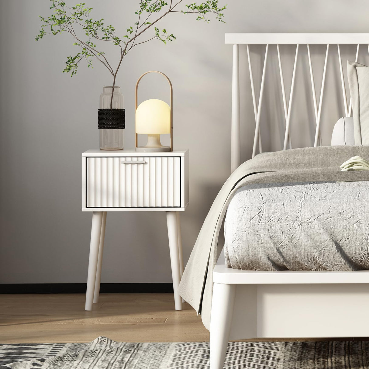 LAATOOREE Nightstands Set of 2, Small Side Table, Bedside Table with Fluted Door, Solid Wood Feet; Modern Mid-Century End Table for Bedroom, Small Space (White) LAATOOREE