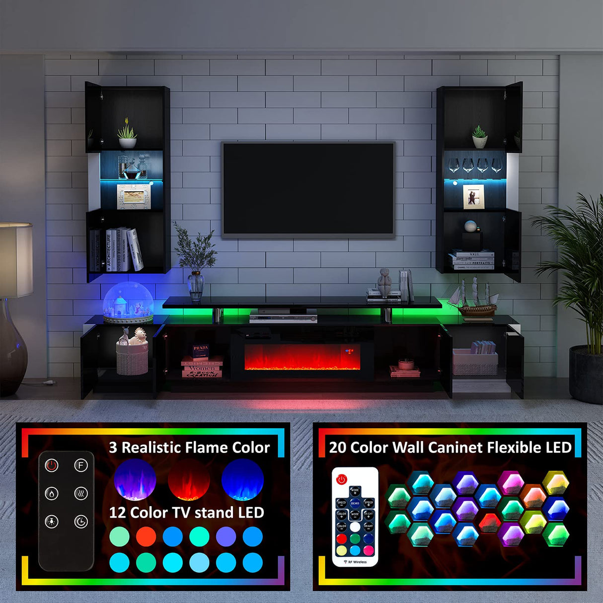 AMERLIFE Wall Unit Entertainment Center with Fireplace and Bookshelves, Includes 70" 2-Tier Fireplace TV Stand, 2 x Wall Cabinets & 2 x End Tables, Modern LED Lights TV Console for Living Room, Black AMERLIFE