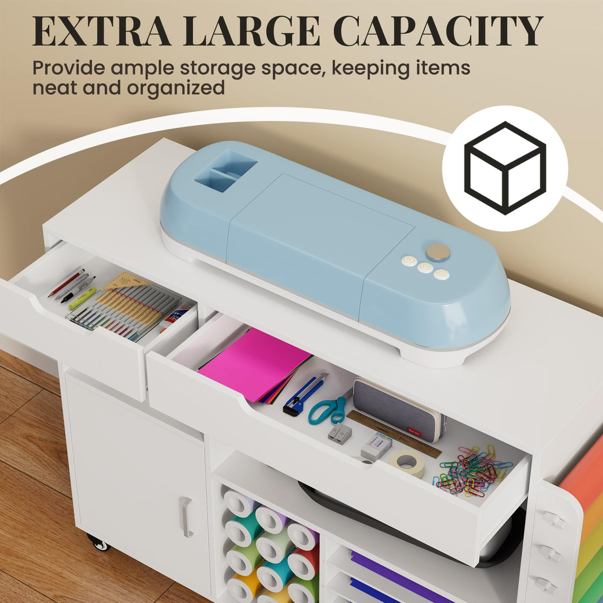 Craft organization and storage Cart Compatible with Cricut Machine, Rolling Craft Organizer With lDual Drawers & Cabinet Door, Vinyl Roll Holder, and Spacious Compartments (Extra Large) CXQ