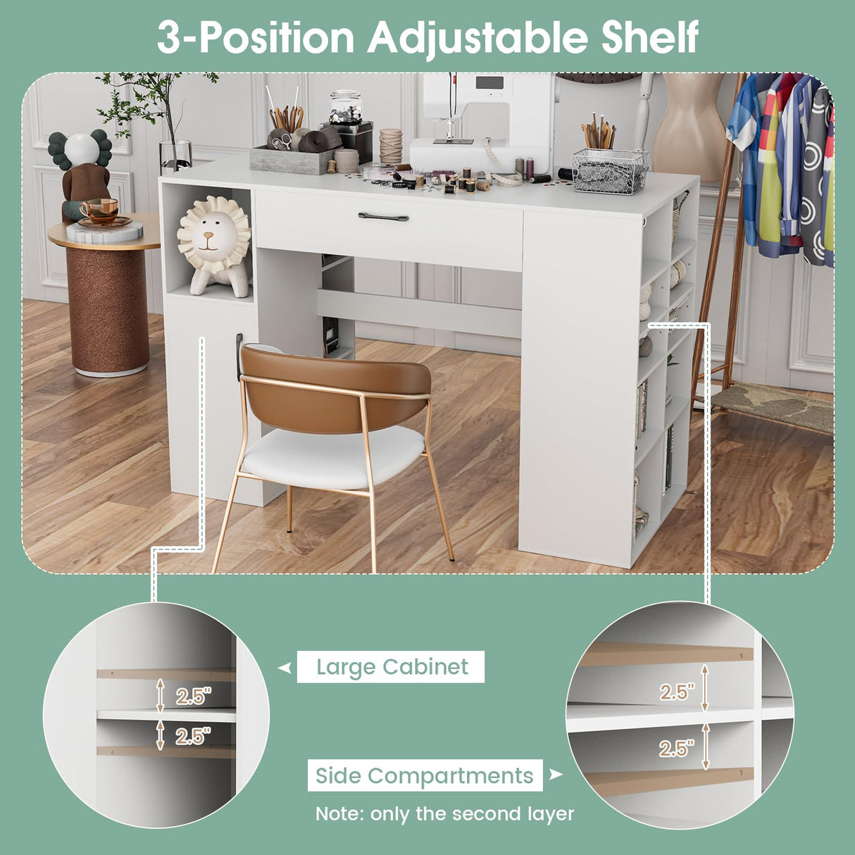 Giantex Craft Table with Storage, 53'' Artwork Sewing Table with 14 Cube Storage Shelves, Large Drawer, Cabinet with 2 Shelves, 36'' Counter Height Sewing Workstation White Drafting Writing Desk Giantex