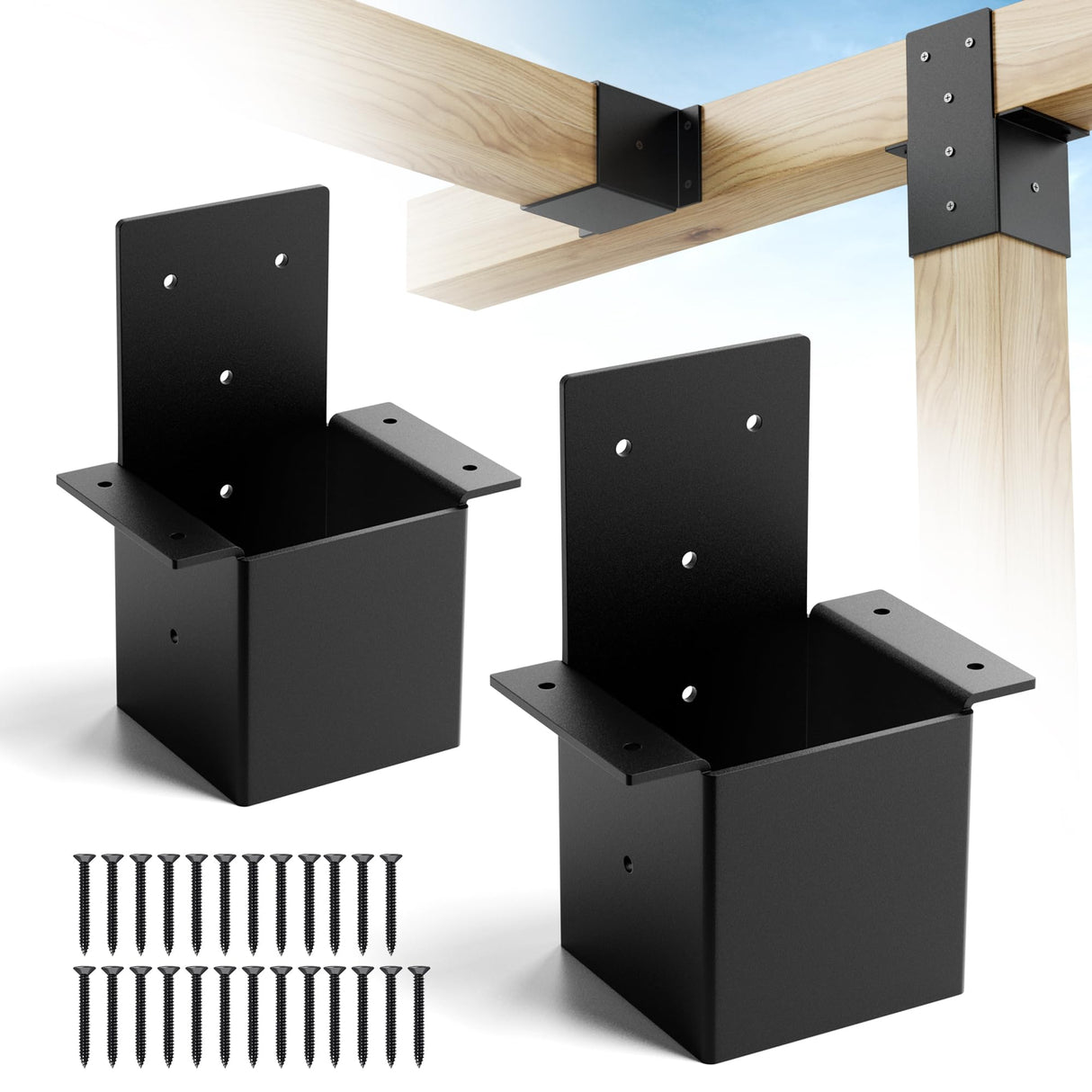 2 Pcs 4x4 Pergola Brackets for Wood Post, Heavy Duty 14 Gauge Post Top Rafter Brackets, Pergola Wall Mount Bracket Kit with Screws Black Deck Railing Brackets for Patio Pergola Log Cabin Youyikoo