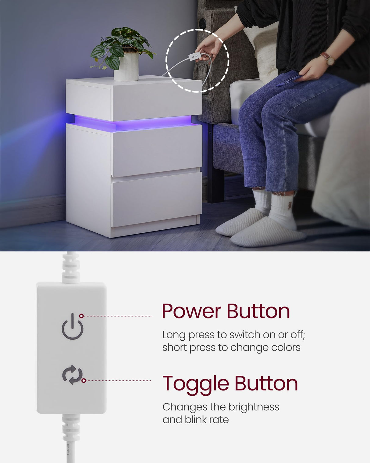 VASAGLE Nightstands with LED Lights, Set of 2, Adjustable Light Colors, Bedside Tables, Side Tables with 3 Drawers, Modern Style, 13.8 x 15.7 x 21.7 Inches, Cloud White ULET799T12 VASAGLE