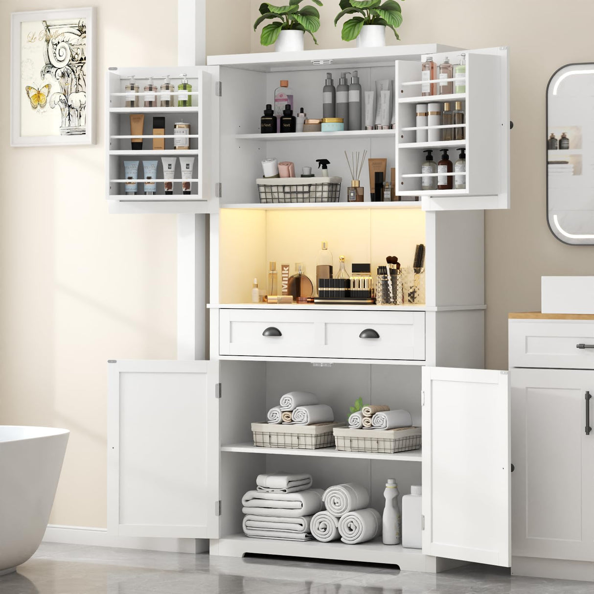 Loomie 72" Farmhouse Kitchen Pantry Cabinet With LED, Operation Table & Power Outlet, Tall Storage With Drawer, Adjustable Shelves for Dining Room (White) Loomie