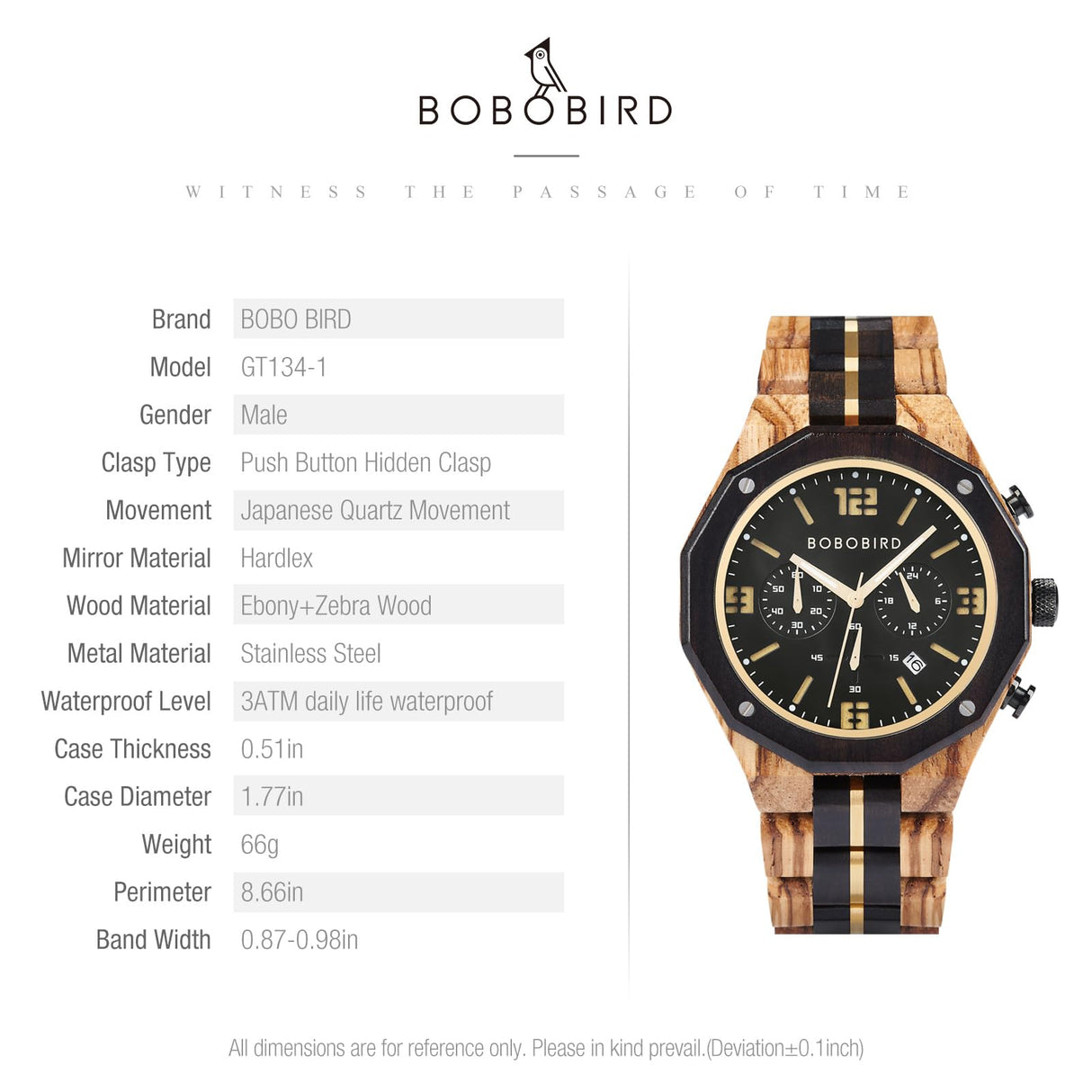 BOBO BIRD Men's Wooden Watch Sport Fashion Wristwatch Casual Chronograph Quartz Watches Men's Wood Stainless Steel Strap Watch with Date Display (Black) BOBO BIRD