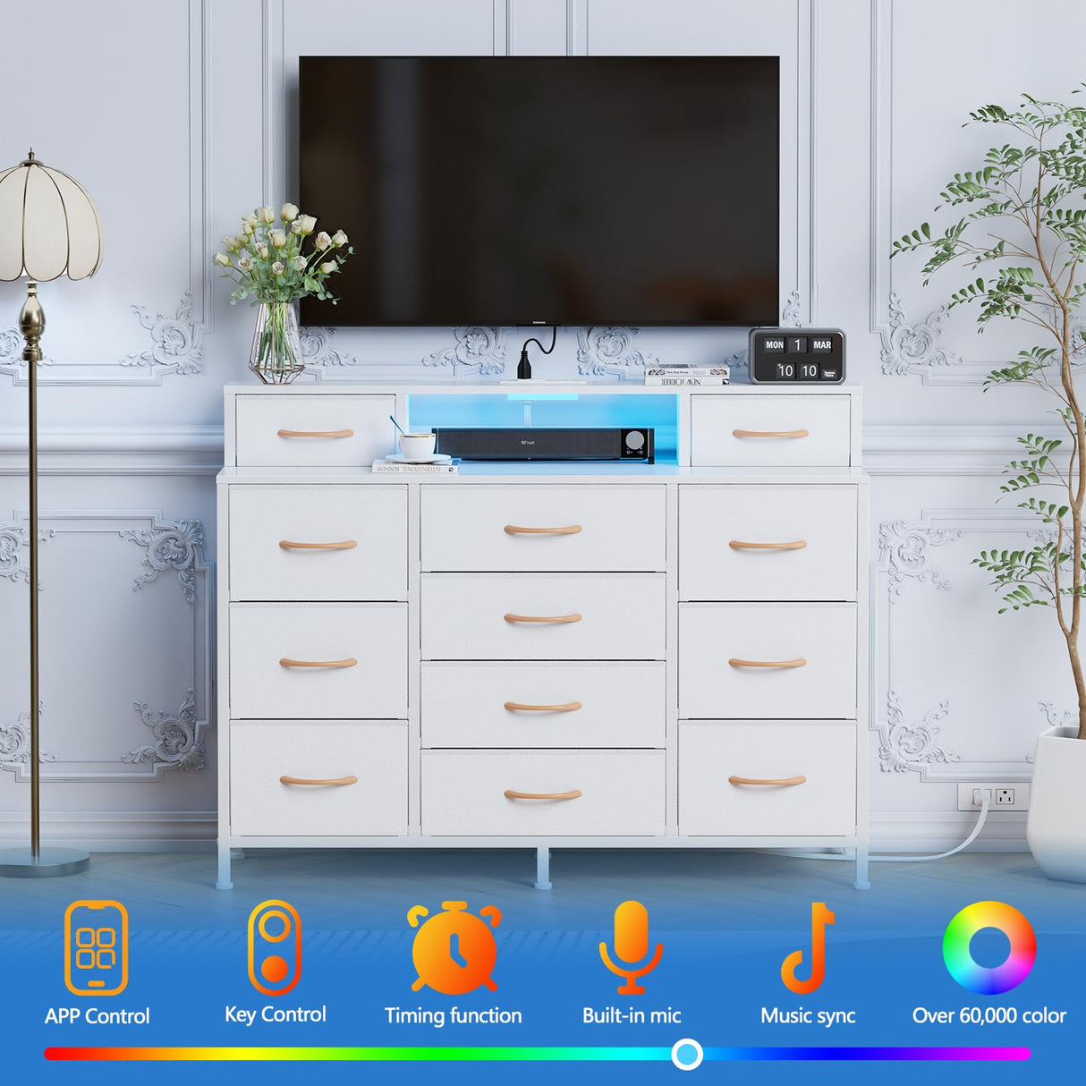 Furnulem White Dresser for Bedroom with LED Lights & Charging Station,47" Long Chests with 12 Fabric Storage Drawers,Wide Vanity Dressers Furniture for Closet,Entryway,2 Shelves Wood Top,Metal Frame Furnulem