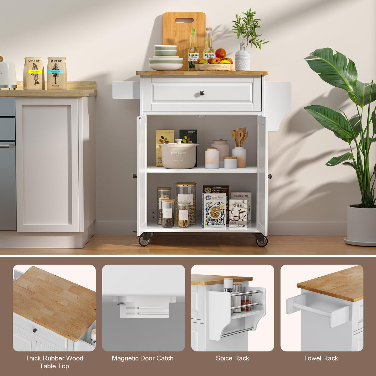 Gizoon White Kitchen Island Cart with Adjustable Shelves, Drawer, and Movable Wheels Gizoon