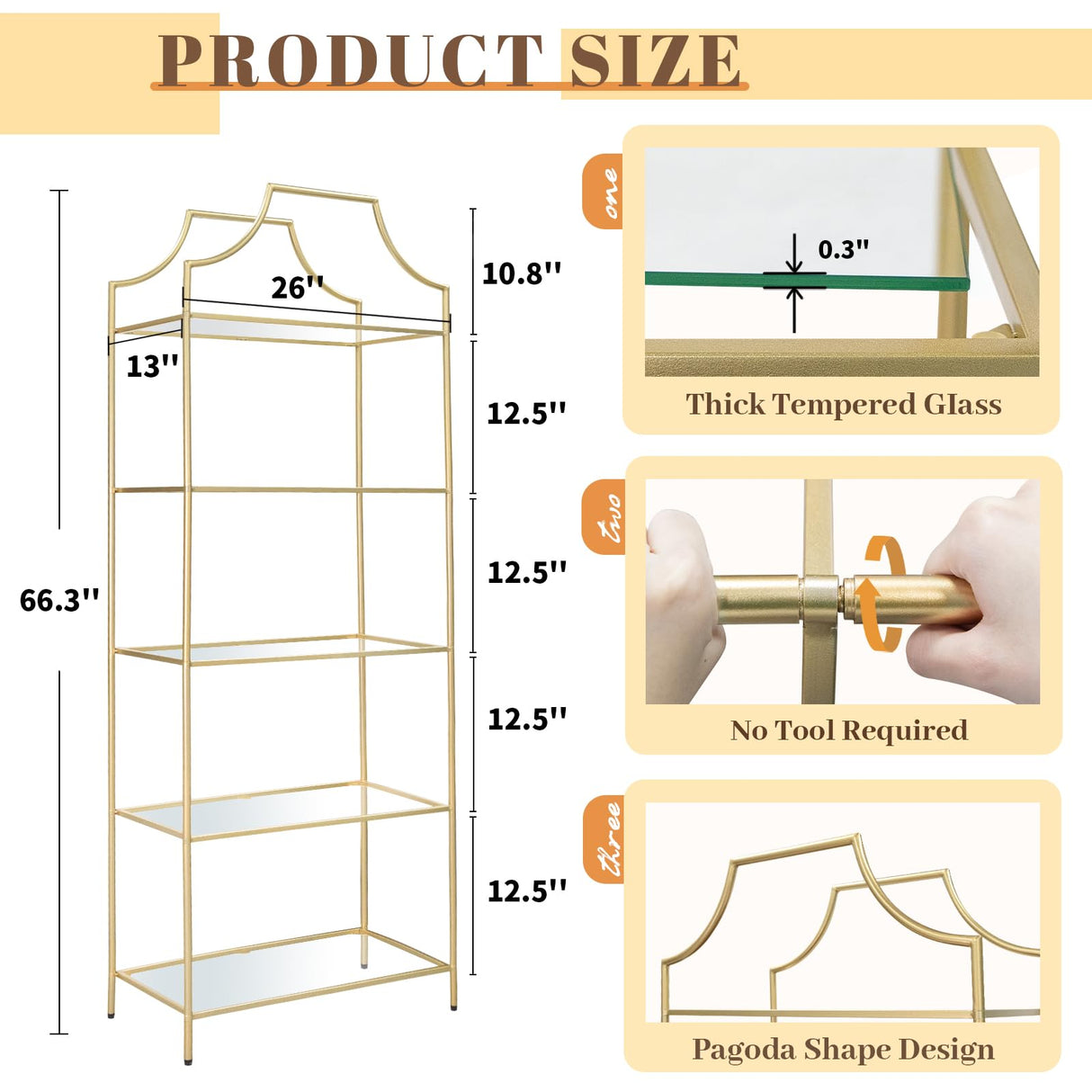 GIFTTROVE 5 Tier Bookshelf, Metal Book Shelf for Storage, Tall Storage Display Bookcase, Modern Open Book Case for Bedroom, Living Room, Glass Office Organization Shelf, 66.3" X 26" X 13" GIFTTROVE