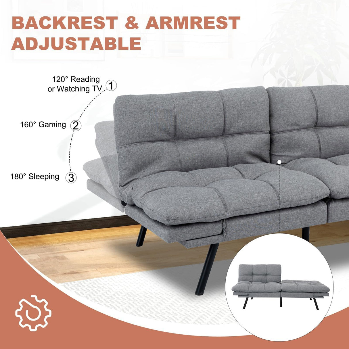 MUUEGM Futon Sofa Bed,Memory Foam Modern Convertible Couch Bed,Folding Futon Sleeper Couch with Compact Living Space,Apartment,Dorm,Bonus Room,71" D x 33" W x 31.5" H,Grey MUUEGM