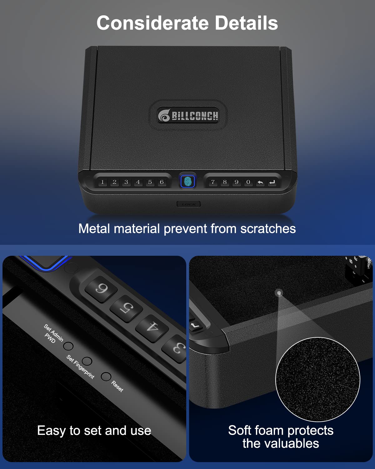 BILLCONCH Gun Safe for Handgun - Biometric Gun Safe 4 Ways Quick Access with Fingerprint/Full-digital Keypad/Key/APP Lock Handgun Pistol Safe for Nightstand Bedside Home Car BILLCONCH