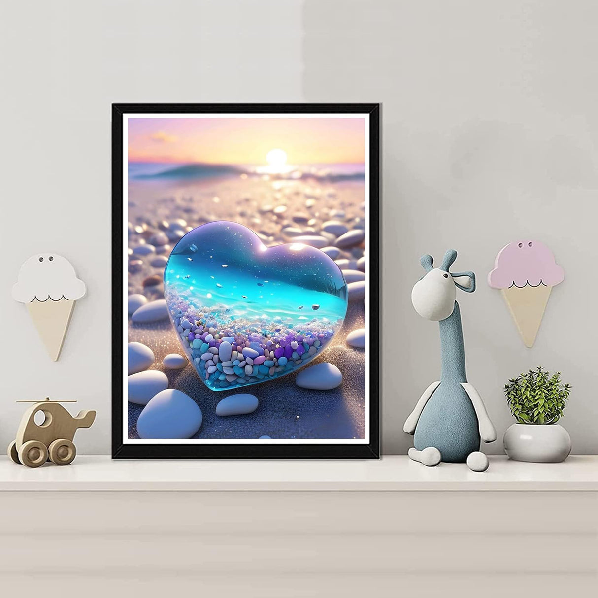 MBNTJHT Beach Love Diamond Art Kits for Adults Beginners,DIY Love Heart Stone Full Drill Diamond Painting Kits,Sea Stone Painting by Diamonds Art Crafts for Home Wall Decor Gifts 12X16 Inch MBNTJHT