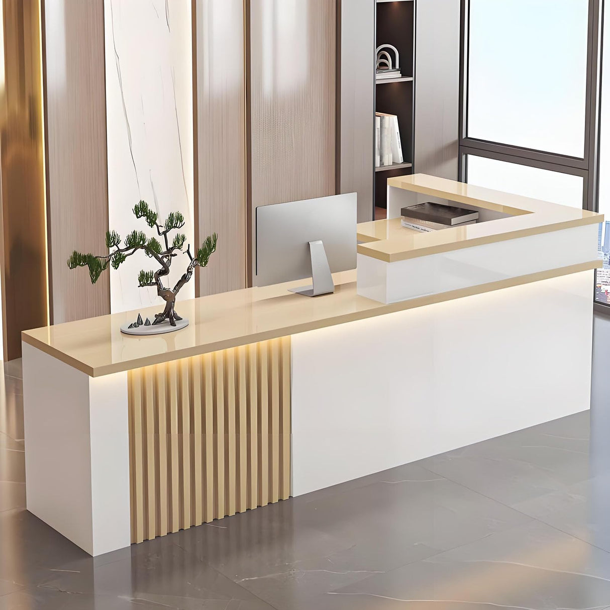 L Shaped Reception Desk,Modern Receptionist Desk with LED Lights & Lockable Drawer Retail Checkout Counter for Salon Reception Room Store Company Front Generic