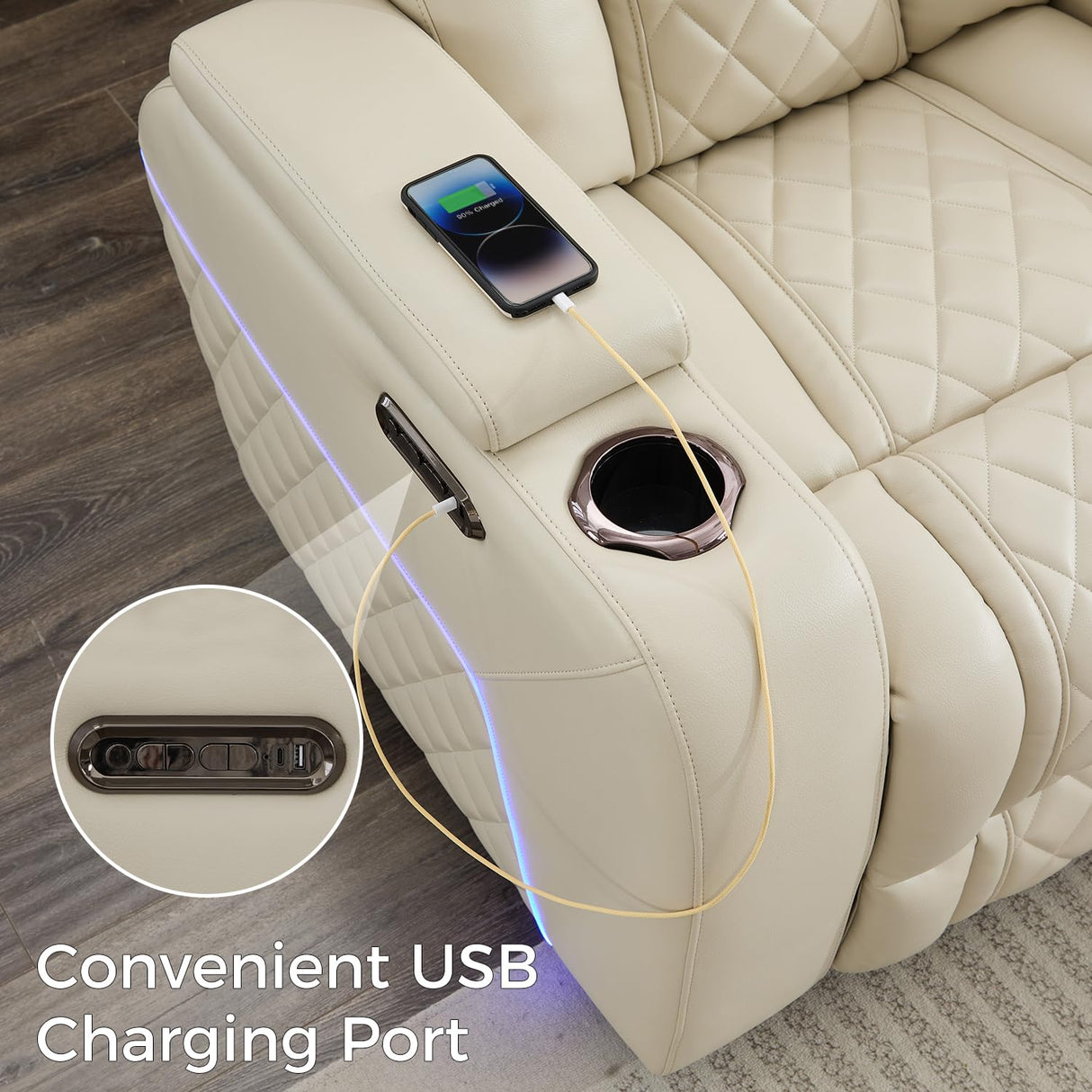 Power Recliner Sofa Set of 3 Pieces with Adjustable Headrest, Wireless Charger for Living Room, Electric Reclining Couch, Faux Leather 3 Seaters and Loveseat and Theater Chair with LED Lights, Beige Comfort Stretch