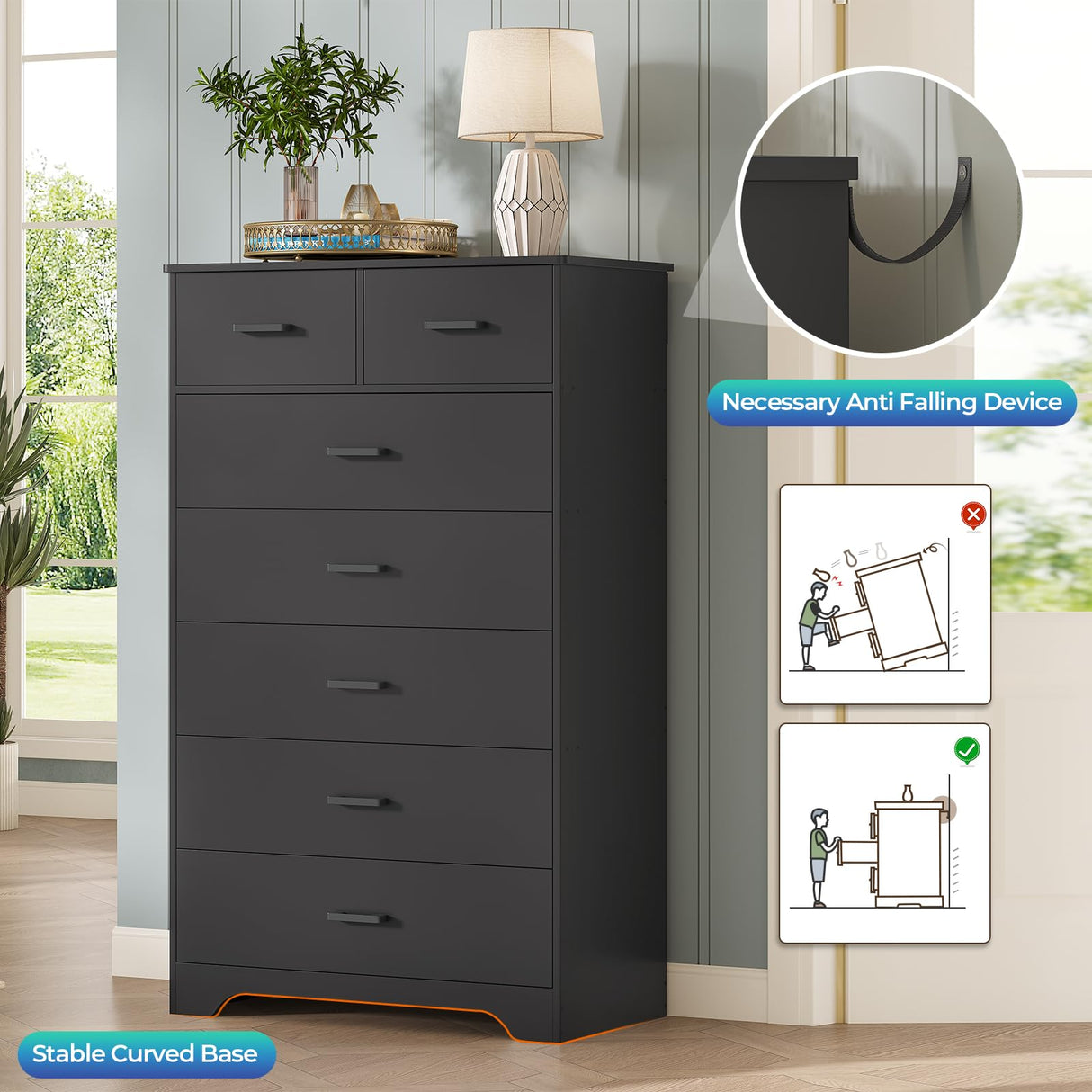 DICTAC Black Dresser for Bedroom with 7 Drawers, 55.7" Tall Dresser Chest of Drawers, Modern Large Wood Storage Dresser Organizer with Metal Handle, Vertical Dresser for Bedroom, Living Room, Nursery DICTAC