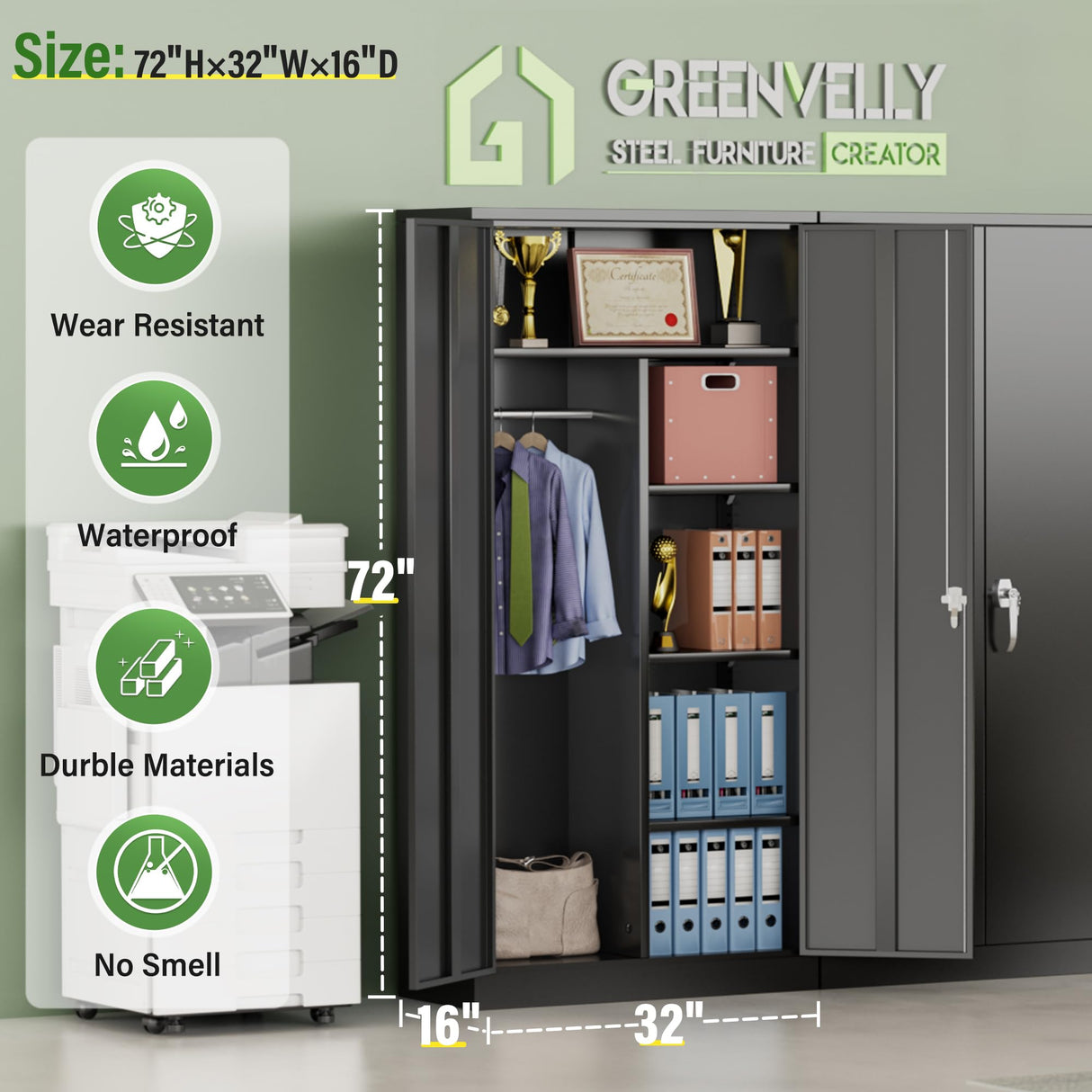Greenvelly Metal Wardrobe Closet with Doors and Shelves,72" Black Armoire Wardrobe Closet for Hanging Clothes for Office, Home, School, Employee,Gym Greenvelly