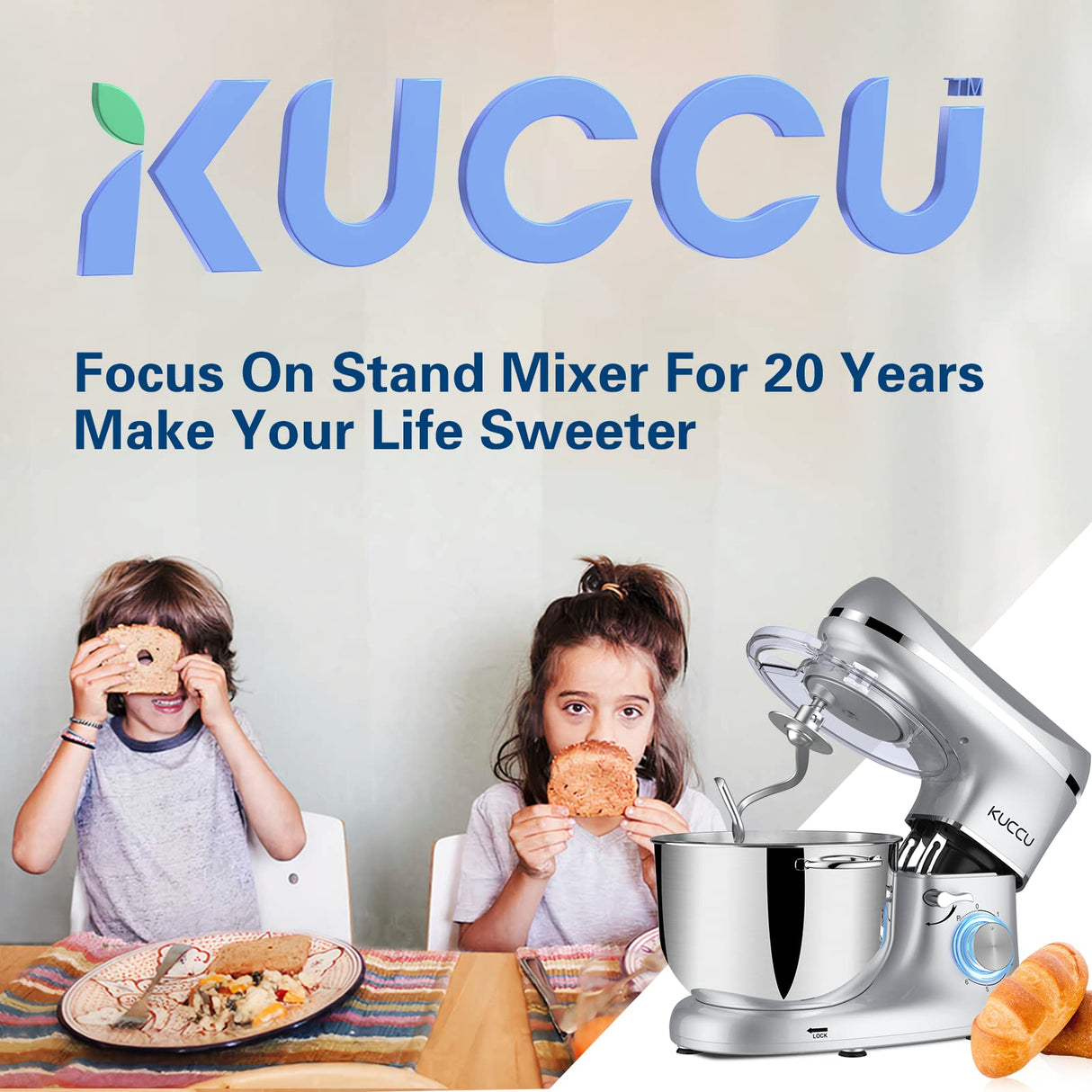 KUCCU Stand Mixer, 6.5 Qt 660W, 6-Speed Tilt-Head Food Dough Mixer, Kitchen Electric Mixer with Stainless Steel Bowl,Dough Hook,Whisk, Beater, Egg white separator (6.5-QT, Silver) KUCCU