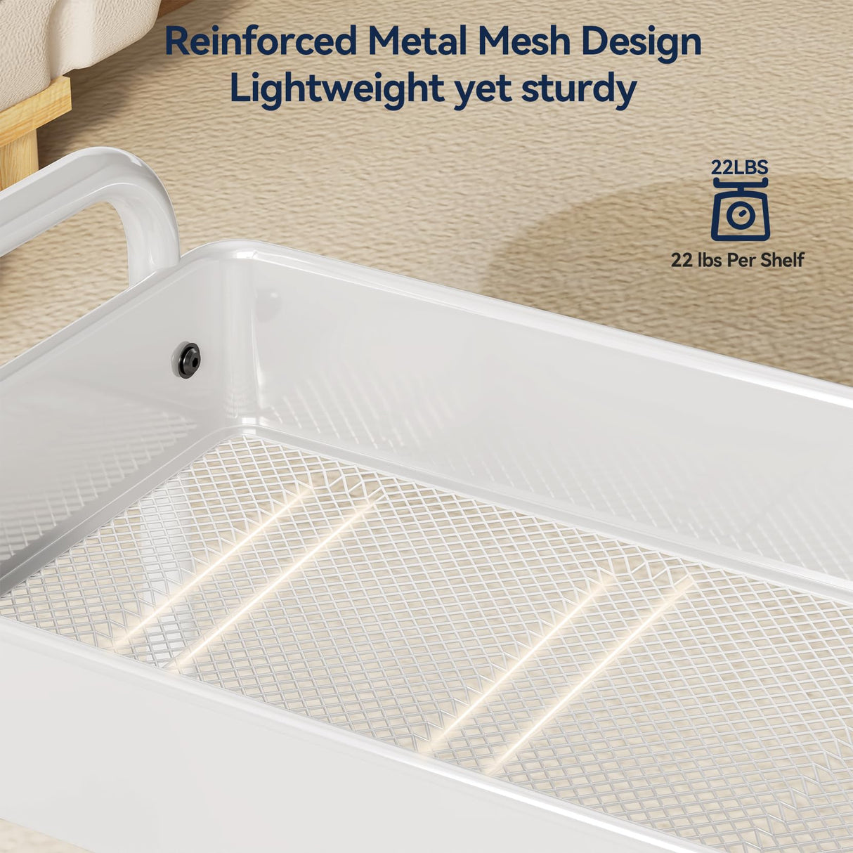 YASONIC Metal 3 Tier Rolling Cart - Heavy Duty Utility Cart with Lockable Wheels, Hanging Cups, Hooks, Mesh Rolling Storage Cart Craft Cart Organizer, Lightweight and Sturdy, White YASONIC