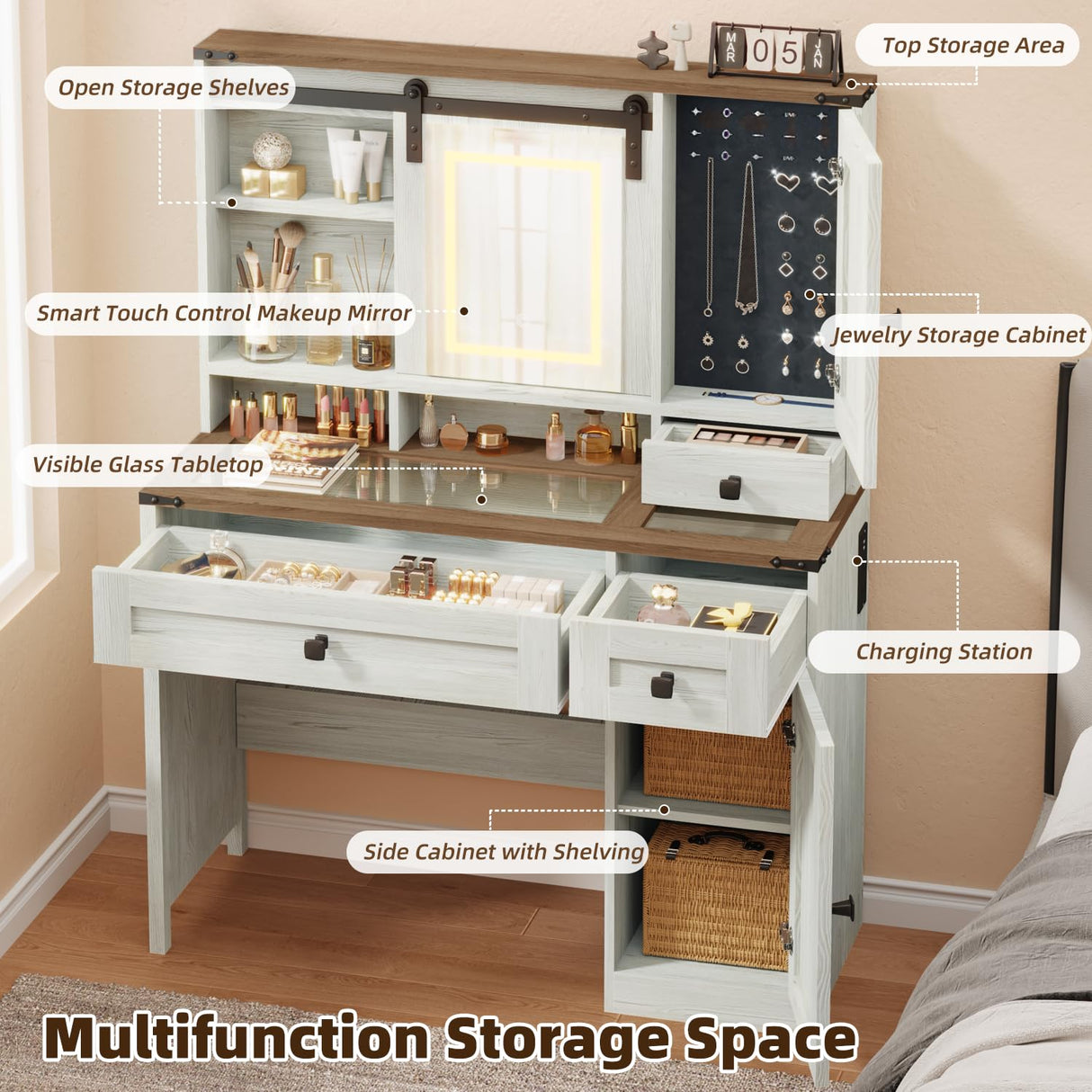 EROMMY 42" Farmhouse Makeup Vanity Desk with Lighted Mirror & Power Strips, Vanity Table with Sliding Barn Door, Open & Hidden Shelves, Drawers, Jewelry Cabinet, White Dressing Table, Light Adjustable EROMMY