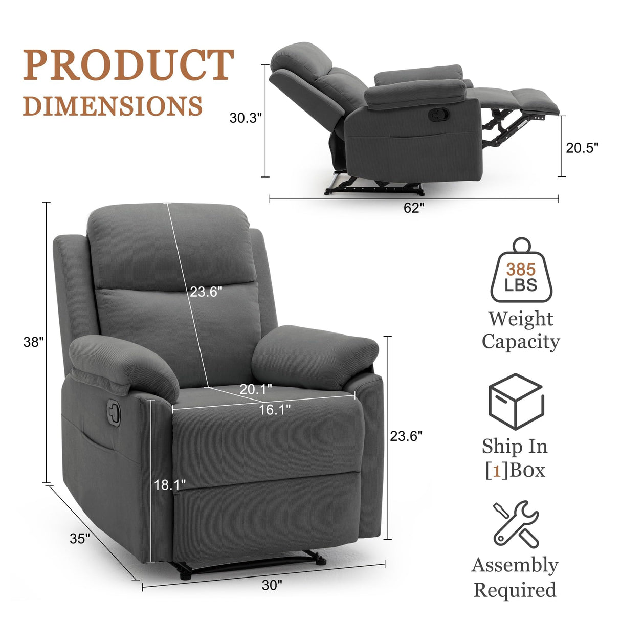 Korser Recliner Chair, Small Recliners for Small Spaces, Upholstered Manual Recliner with Side Pockets, Comfy Corduroy Chairs for Living Room, Bedroom, Reading, Grey Korser