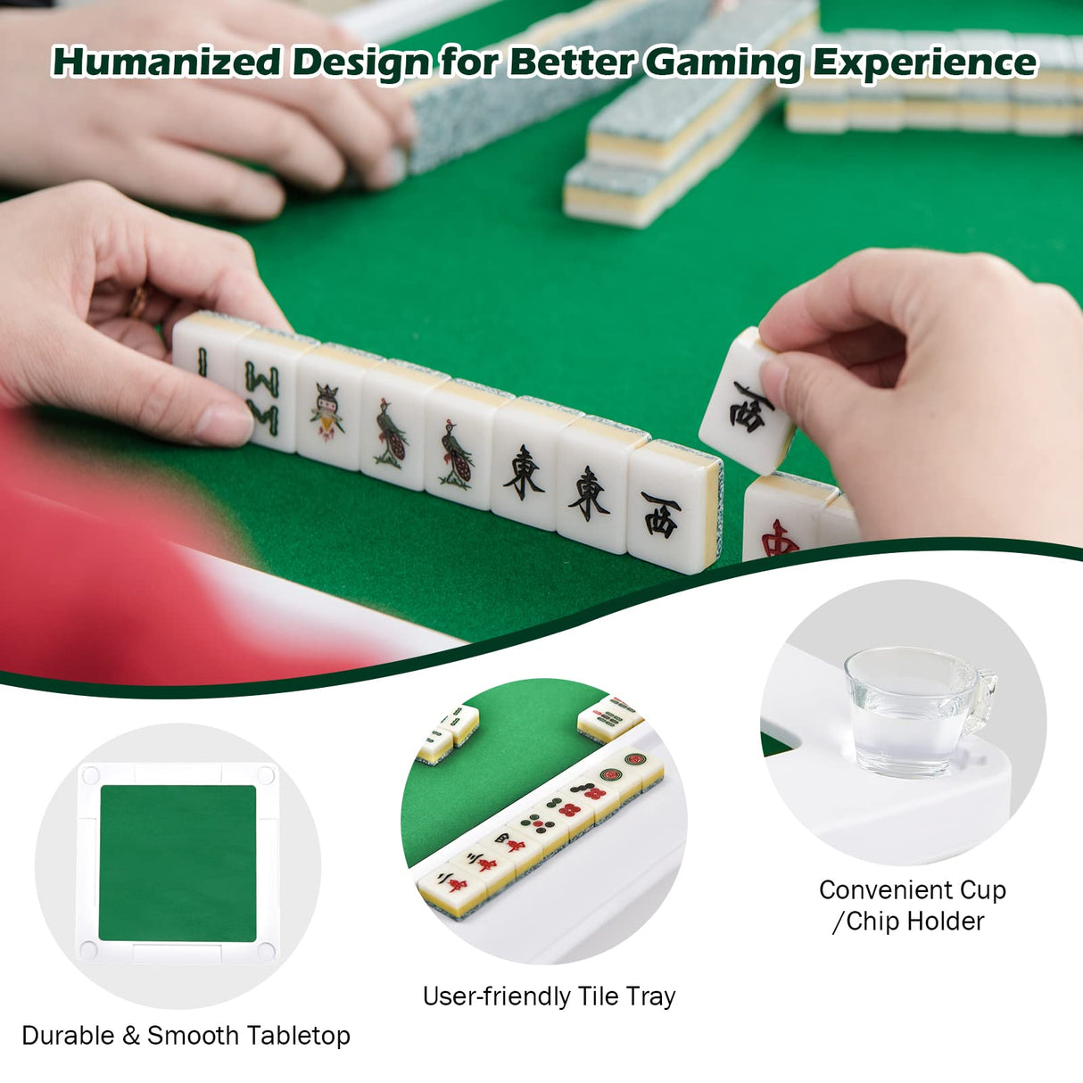 GYMAX Mahjong Table, Folding Square 4 Player Card Table with Cup Holders & Chip Trays, Portable Board Game Domino Table for Mahjong, Poker Blackjack GYMAX