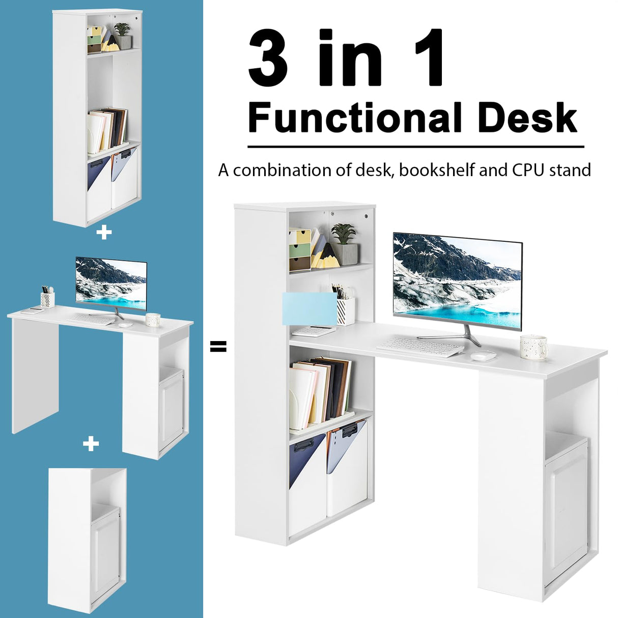 Tangkula White Computer Desk with Bookshelf, Writing Study Desk with Storage Shelves & CPU Stand, Modern Compact Computer Workstation for Home & Office, Space-Saving Design Tangkula