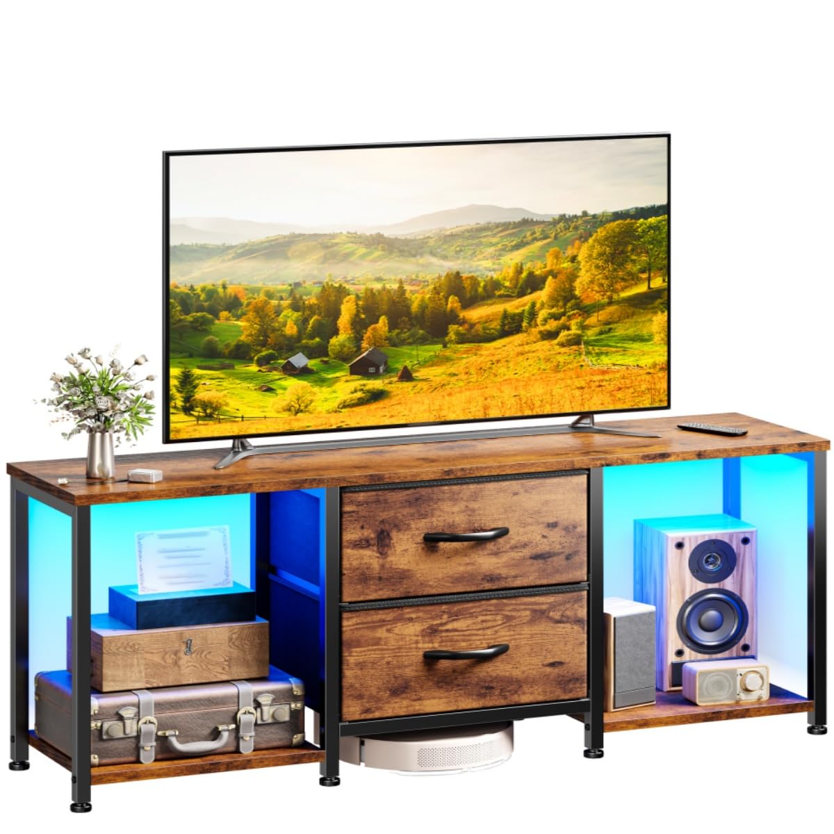 LED TV Stand Dresser for TVs up to 55 Inch, Entertainment Center with 2 Fabric Drawers and 2 Open Storage Shelves, Coffee Table Television Stands for Living Room, Bedroom, Wood Top, Rustic Brown EnHomee
