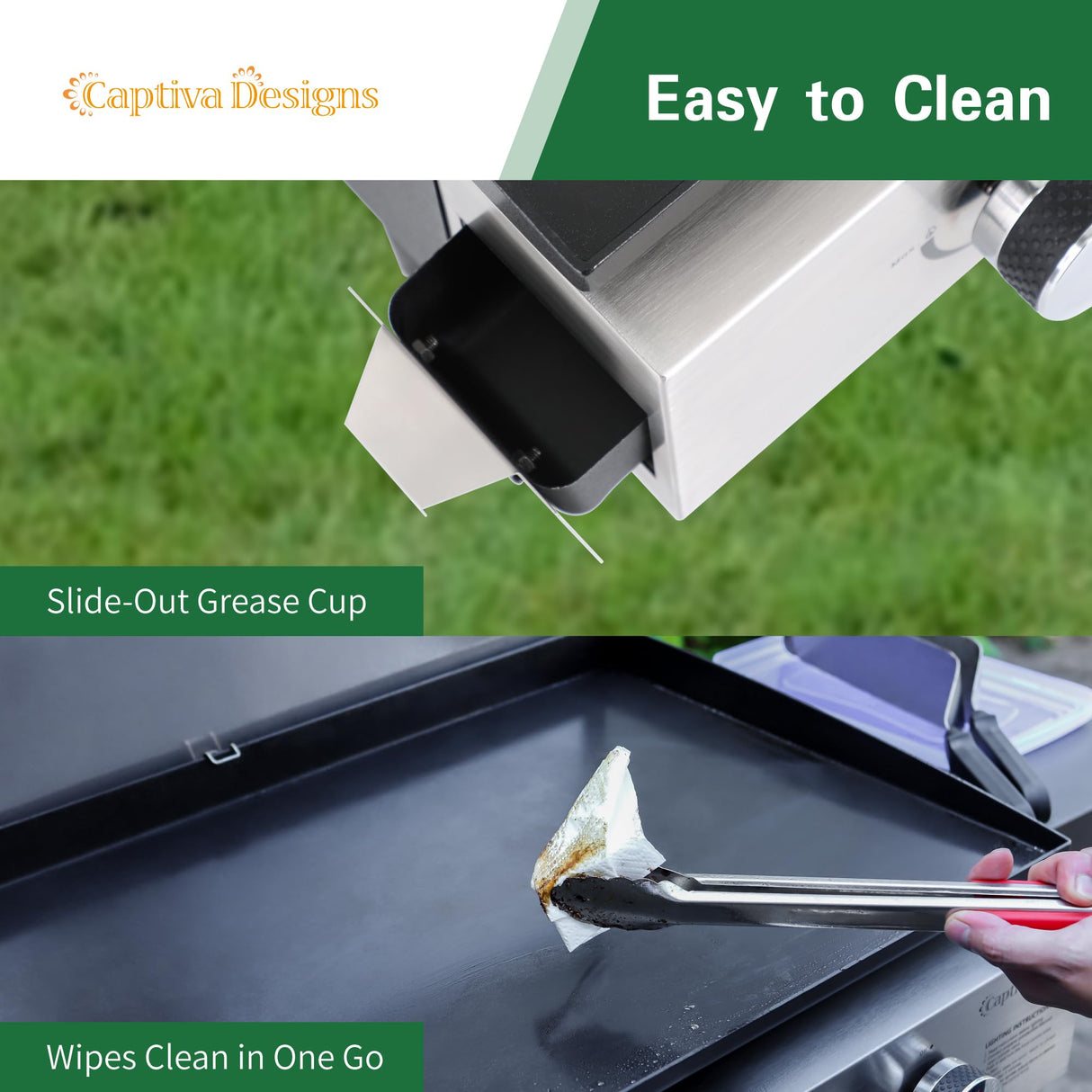 Captiva Designs 22 in Flat Top Grill with Ceramic Coated Cast Iron Pan, Portable Tabletop Propane Gas Griddle Grill for Camping, Outdoor & Tailgating Barbecue, 24,000 BTU Output, 3 Burners Captiva Designs