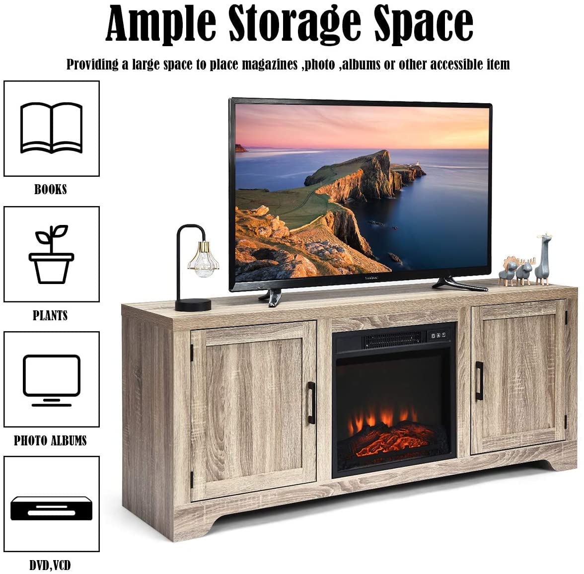 LUARANE Modern Farmhouse TV Stand, Wooden TV Cabinet for TVs up to 65", Television Console with Double Barn Doors Adjustable Shelves, Suitable for 18" x 17" Fireplace LDAILY