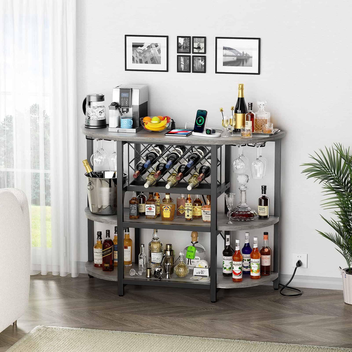 Zarler Grey Mini Bar Cabinet with LED Lights and Power Outlet – Stylish 4-Tier Liquor Stand Zarler