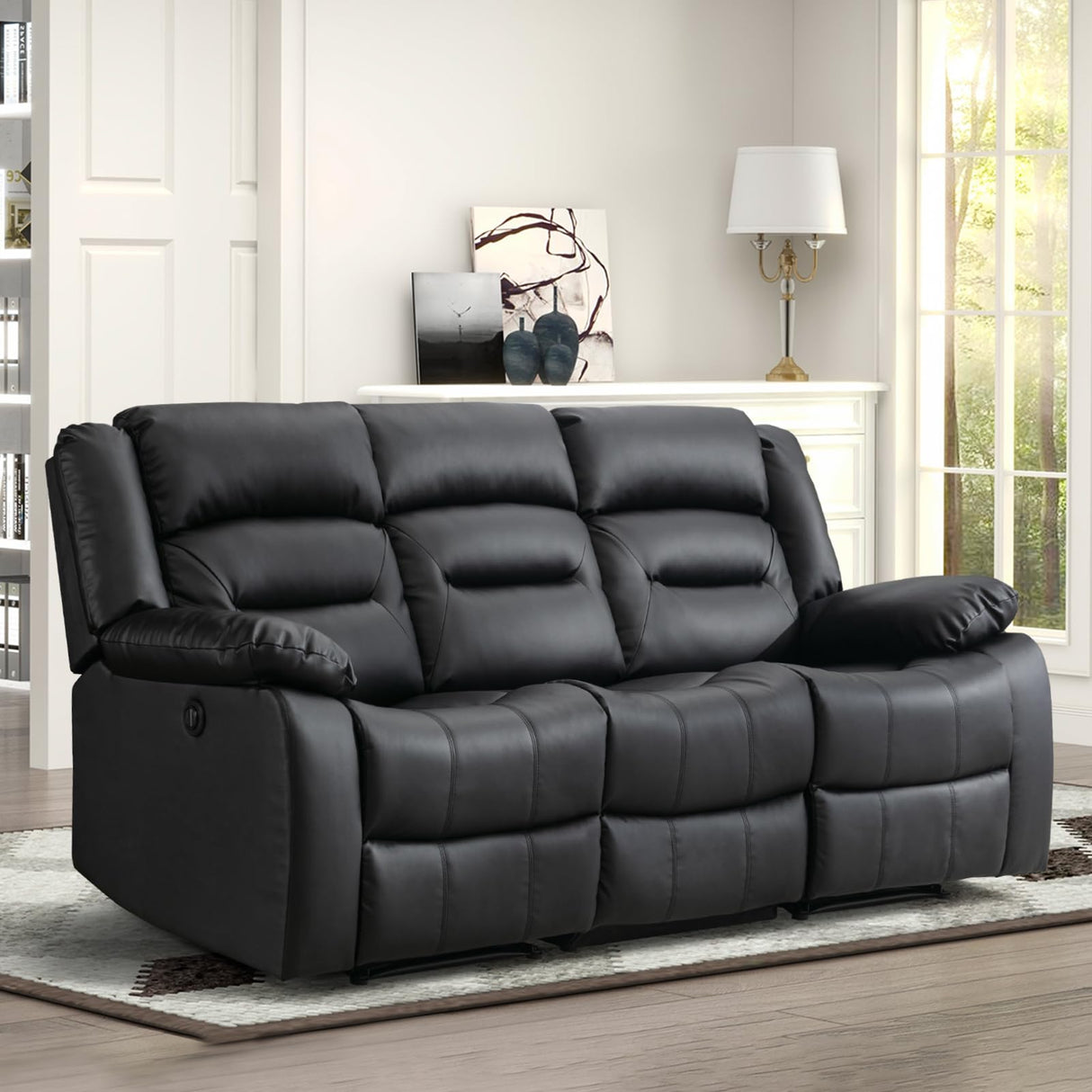 EBELLO Faux Leather Power Electric Reclining Sofa, Overstuffed Comfortable Armrest 3 Seat Recliner Sofa, Couch for Living Room, Bedroom Furniture, Meeting Room, Black (3 Seat Sofa) EBELLO