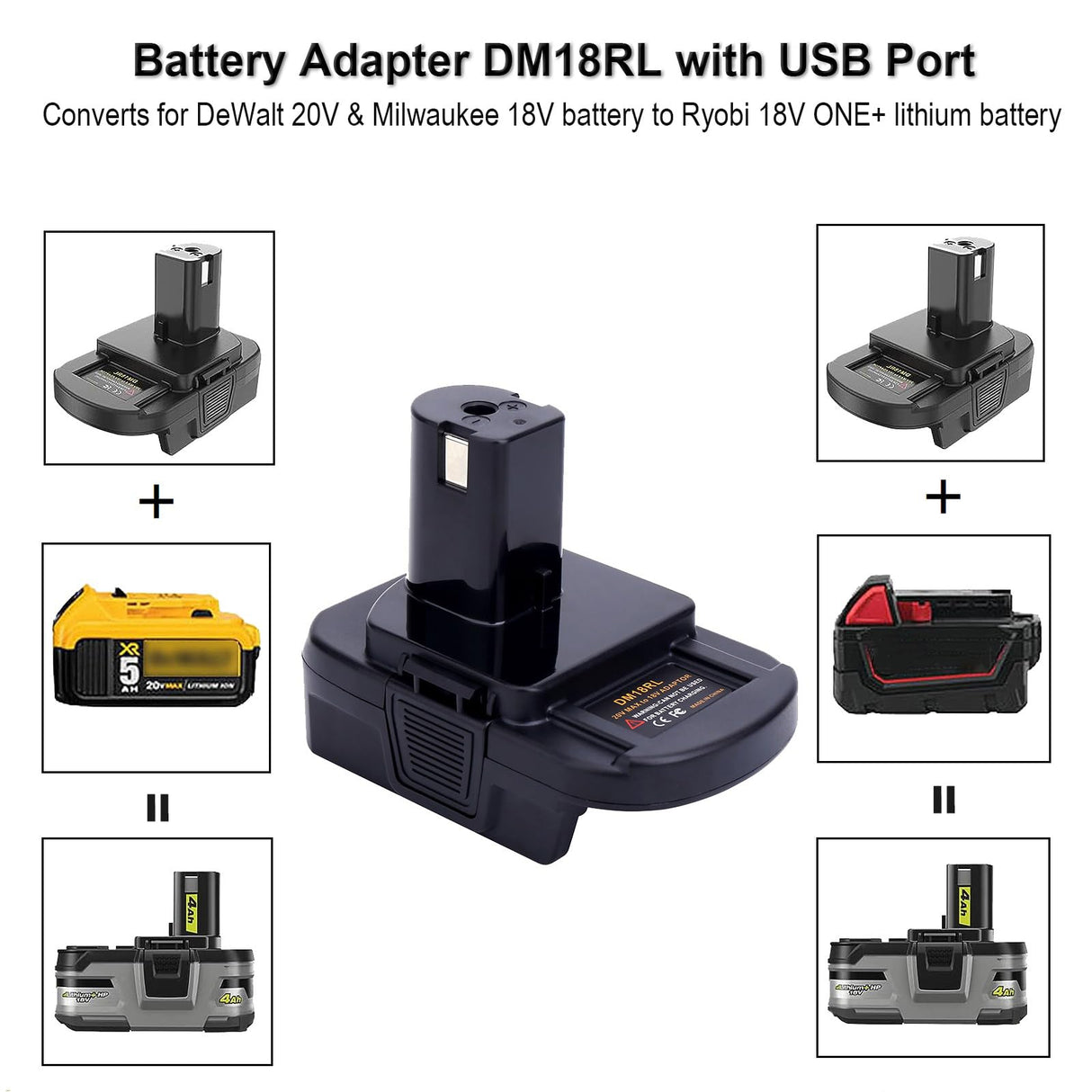 Battery Adapter with USB Port for Dewalt to Ryobi Battery&for Milwaukee to Ryobi Battery,Convert Dewalt 20V/Milwaukee 18V Battery to Ryobi 18V One+ Lithium-ion Battery(Only DM18RL Adapter) Gonocop