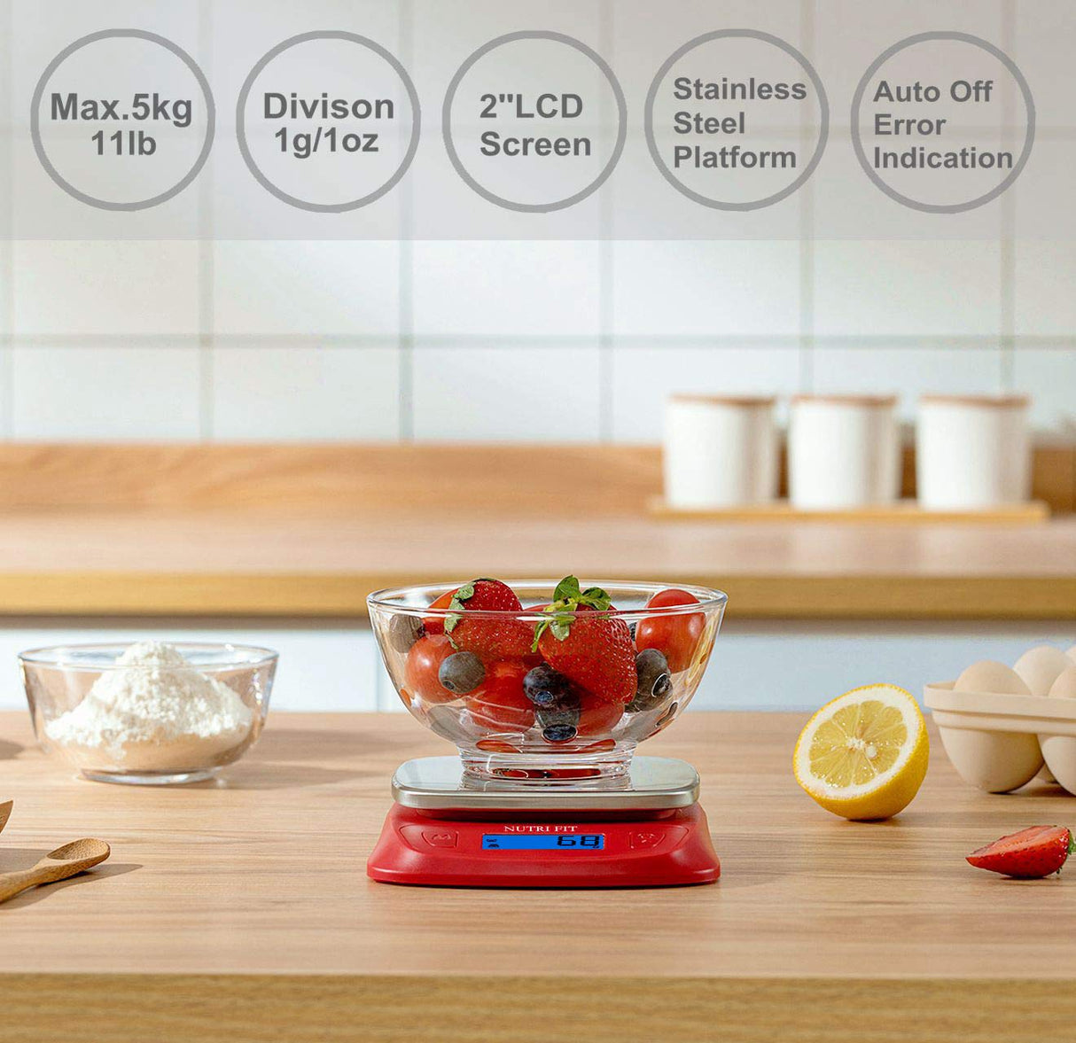 NUTRI FIT Ultra Slim Food Scale Digital Kitchen 1g Increment Measure in lb oz ml High Precision Weight in Grams and oz for Coffee Making, Meal Prep - Red/Stainless Steel NUTRI FIT