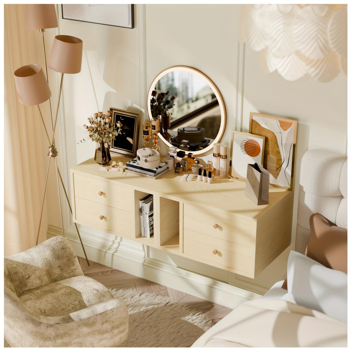 Floating Nightstand Set of 2 with Drawers, Small Bedside End Table with Open Storage Shelf, Modern Floating Night Stand for Bedroom, Wood Wall Mounted Desk with 2 Drawers for Living Room (Natural) Gyfimoie