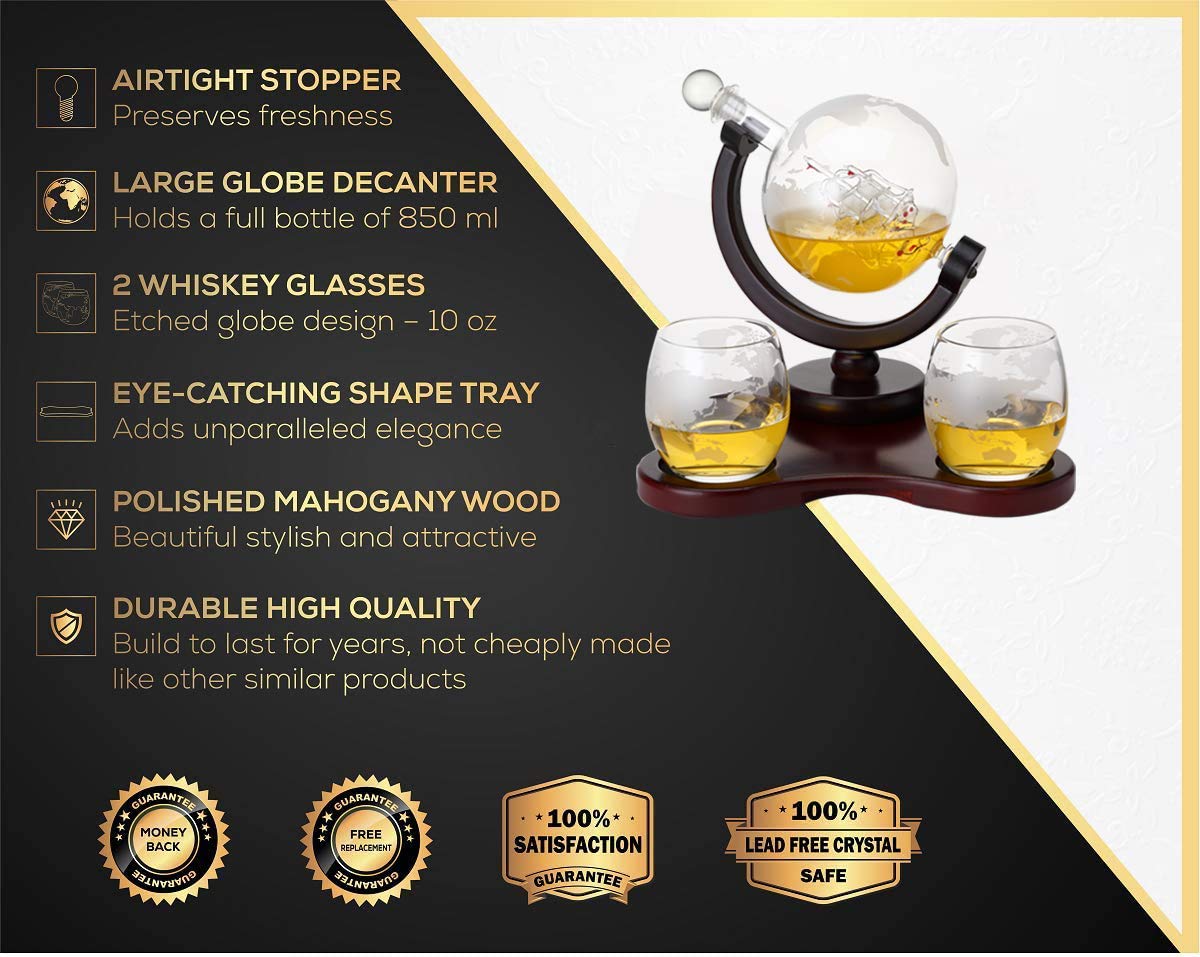 Verolux Whiskey Globe Decanter Set with 2 Glasses in Gift Box - Whiskey decanter for Liquor, Whiskey, Brandy, Gin, Rum, Tequila, Vodka, and Brandy - Home Bar Accessories for Men and Women Verolux