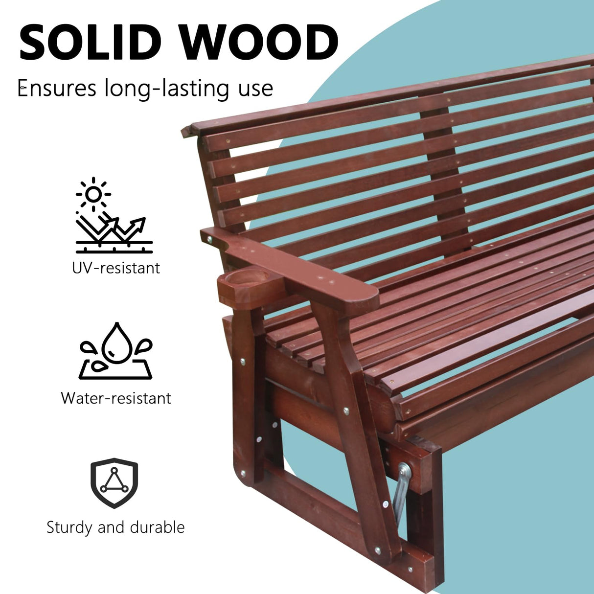 Beneouya 5FT Heavy Duty 800 LBS Outdoor Porch Glider Bench with Cupholders – Comfortable 2-Seater in Dark Brown Beneouya