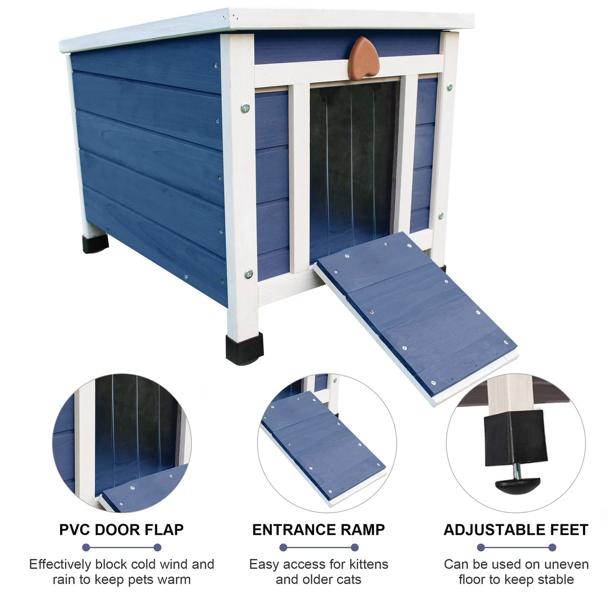 Deblue Cat House for Outdoor Cats, Weatherproof Feral Cat House, Wooden Outside Shelter for Cat, Rabbit and Small Pet Hutch-Navy Blue Deblue