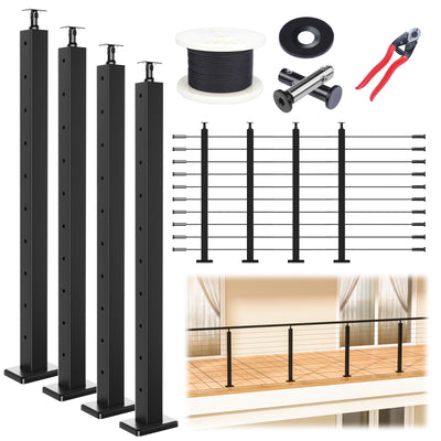 Muzata 15-20ft Complete Set 36" Cable Railing Post Kit Include 4Pack Black Posts PS01, 250ft Wire Rope, Swageless Cable Railing System DIY Kit (No Handrail) RWS1 BH4S